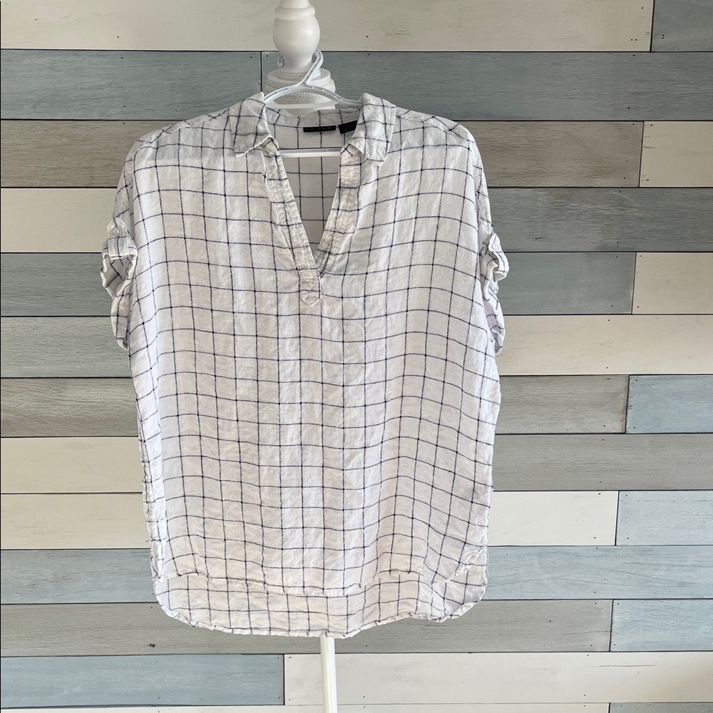 Tahari White and Blue Grid Button Down Shirt